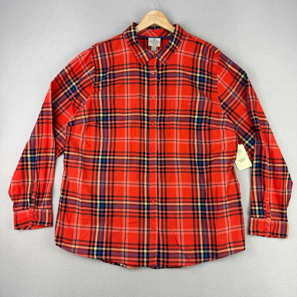 St John's Bay Plaid Shirt Women XXL Orange Lightweight Button Up Cotton NWT